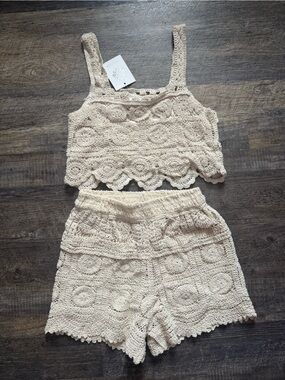 Crochet Two-Piece Set in Cream size S